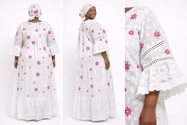 Boubou Moderne Rose Blanc motif fleur