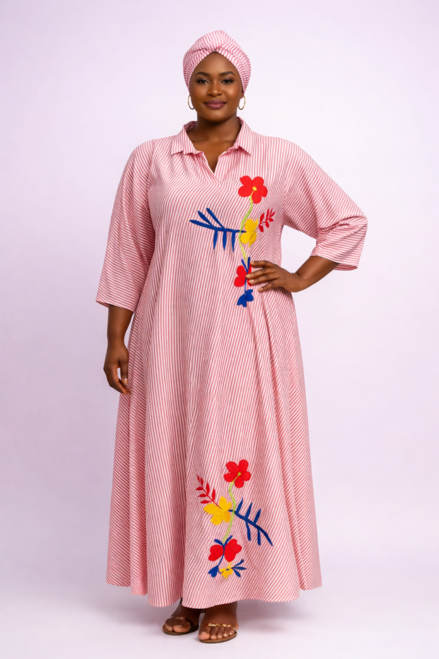 Robe Harmonie Teranga – Rayures Rouge & Broderie Florale