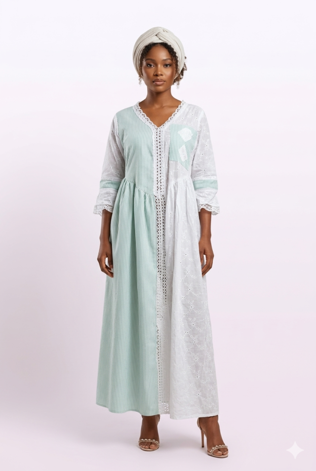 Douceur de Menthe – Robe Longue Bi-matière en Broderie